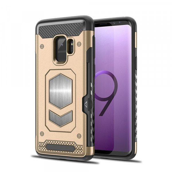 Wholesale Galaxy S9+ (Plus) Metallic Plate Case Work with Magnetic Holder and Card Slot (Gold)